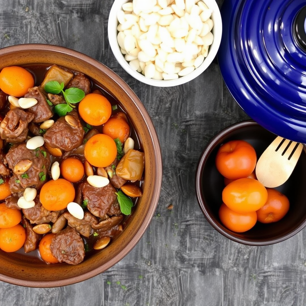 BEEF TAGINE WITH APRICOTS AND ALMONDS